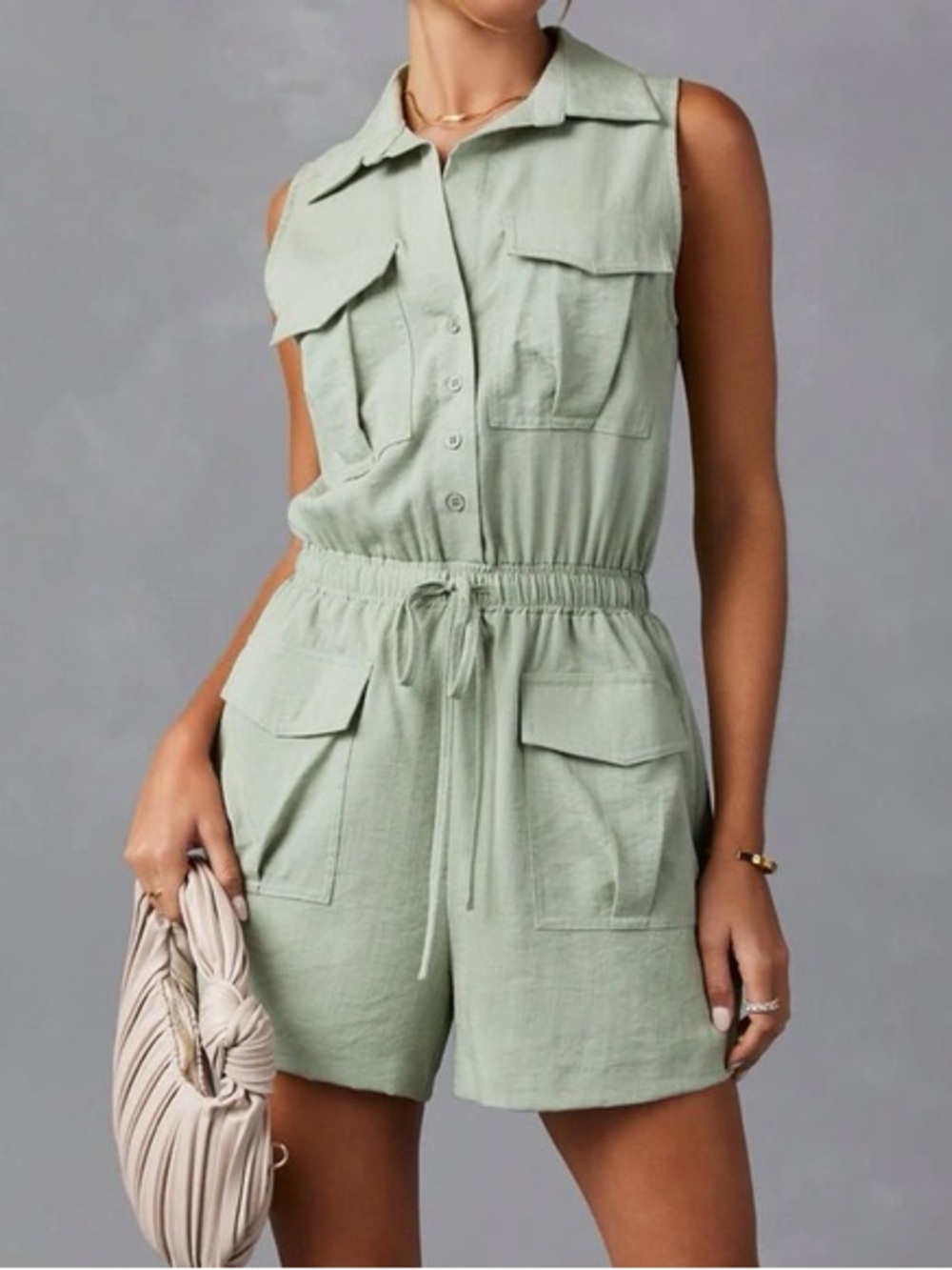 Sleeveless Utility Romper in Sage Green with Drawstring Waist